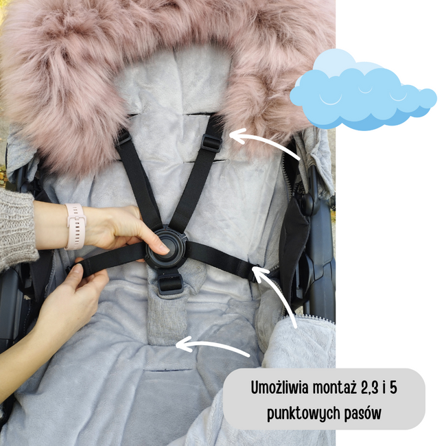 Bocioland - Zimowy śpiworek do wózka z futerkiem - Szary, rozmiar 90