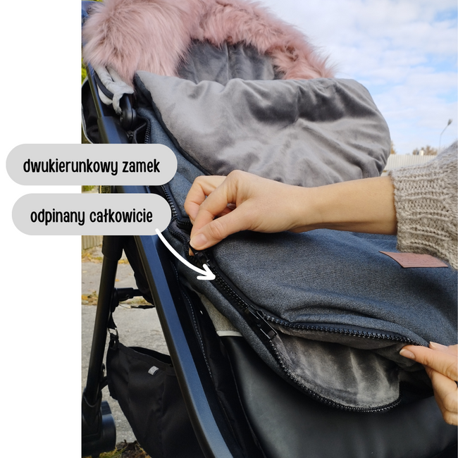 Bocioland - Zimowy śpiworek do wózka z futerkiem - Szary, rozmiar 95
